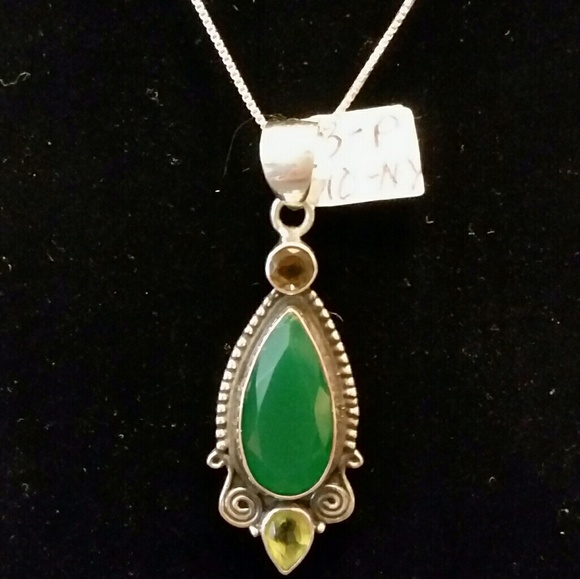 Hand Crafted Jewelry - .925  Green Onyx, Peridot & Smoky Topaz Pendant